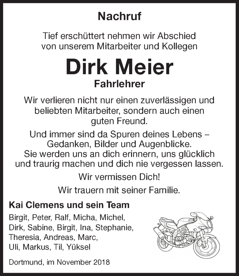  Traueranzeige für Dirk Meier vom 10.11.2018 aus Ruhr Nachrichten