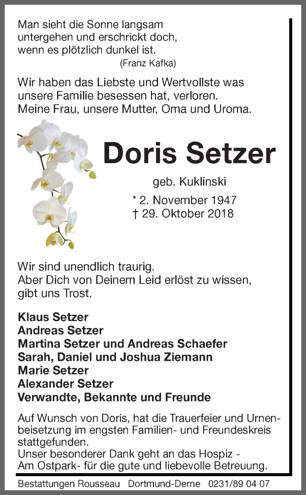  Traueranzeige für Doris Setzer vom 07.11.2018 aus Ruhr Nachrichten
