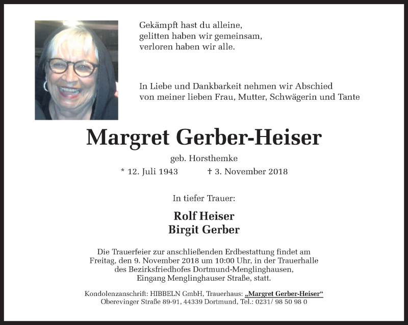  Traueranzeige für Margret Gerber-Heiser vom 07.11.2018 aus Ruhr Nachrichten