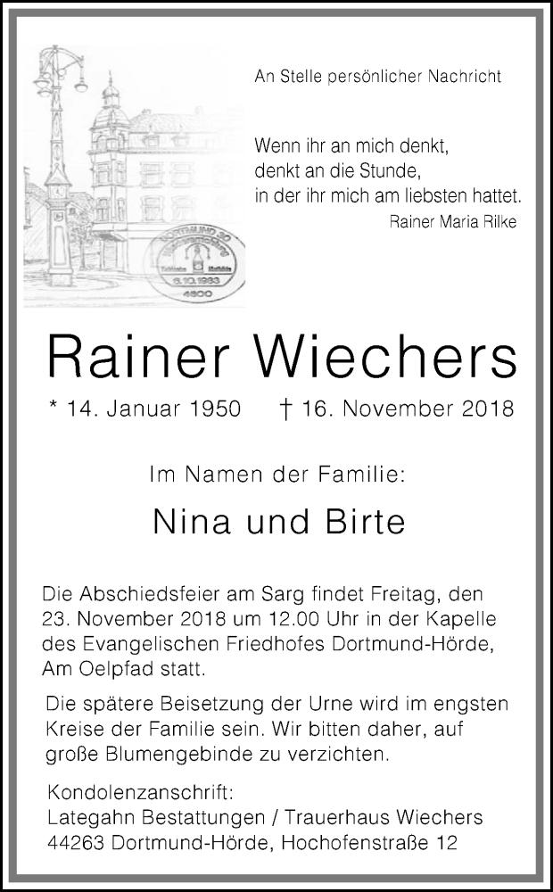  Traueranzeige für Rainer Wiechers vom 20.11.2018 aus Ruhr Nachrichten