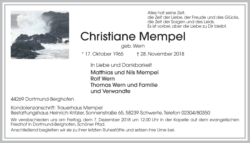  Traueranzeige für Christiane Mempel vom 01.12.2018 aus Ruhr Nachrichten