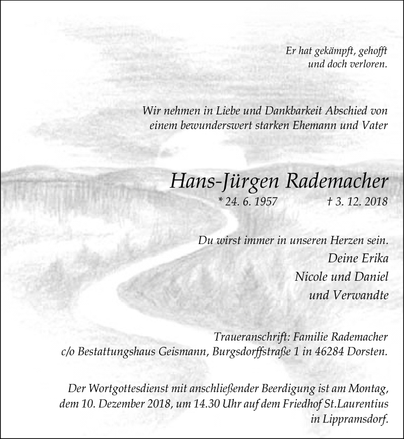  Traueranzeige für Hans-Jürgen Rademacher vom 06.12.2018 aus Ruhr Nachrichten und Halterner Zeitung