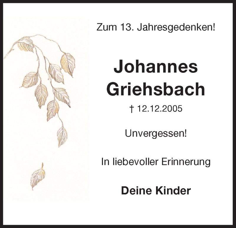  Traueranzeige für Johannes Griehsbach vom 12.12.2018 aus Ruhr Nachrichten