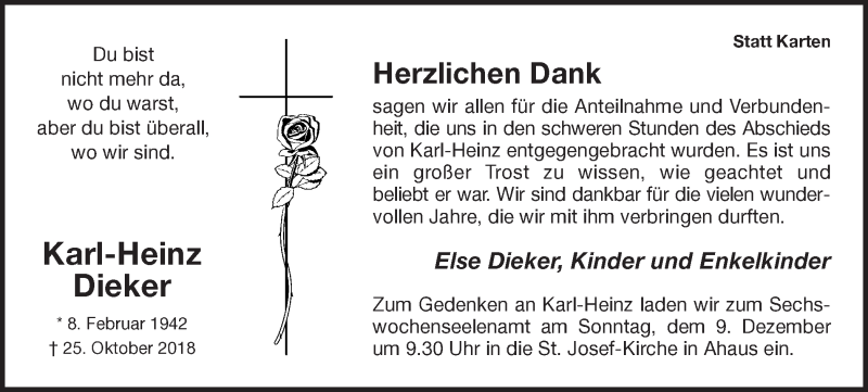  Traueranzeige für Karl-Heinz Dieker vom 05.12.2018 aus Münstersche Zeitung und Münsterland Zeitung