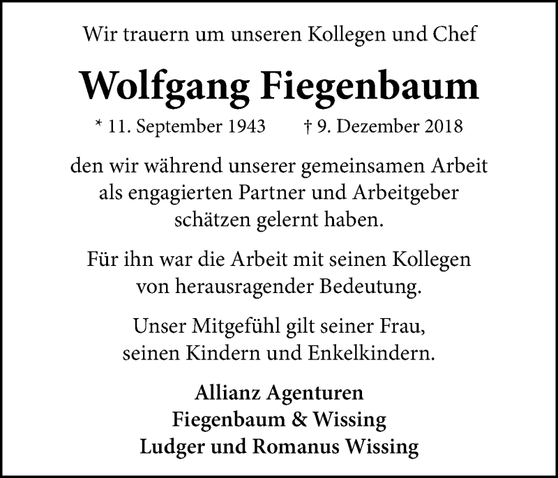  Traueranzeige für Wolfgang Fiegenbaum vom 22.12.2018 aus Münstersche Zeitung und Münsterland Zeitung