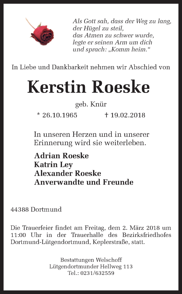  Traueranzeige für Kerstin Roeske vom 24.02.2018 aus Ruhr Nachrichten