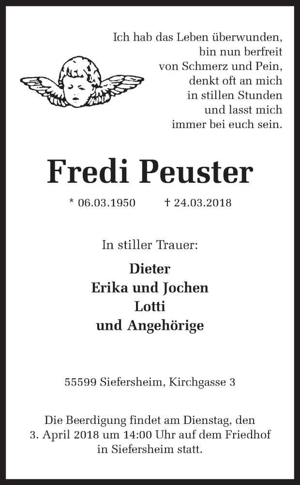  Traueranzeige für Fredi Peuster vom 29.03.2018 aus Ruhr Nachrichten