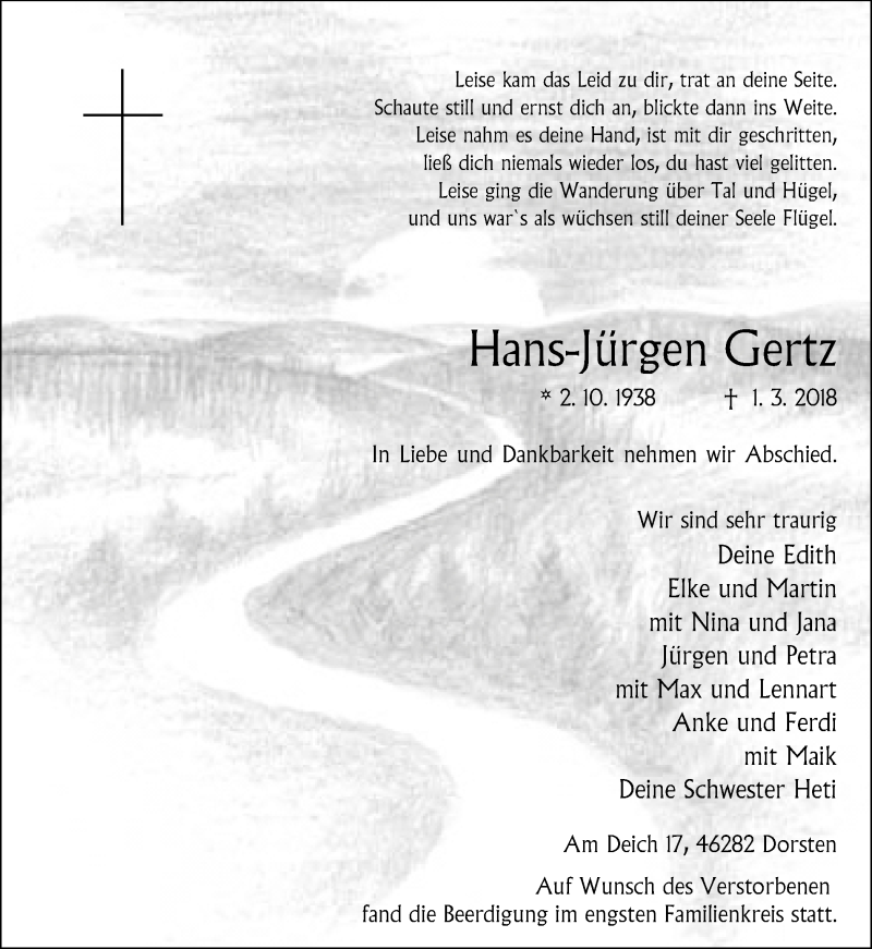  Traueranzeige für Hans-Jürgen Gertz vom 10.03.2018 aus Ruhr Nachrichten und Dorstener Zeitung