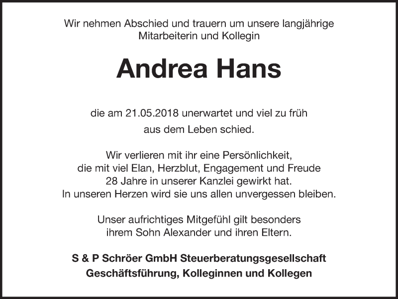  Traueranzeige für Andrea Hans vom 24.05.2018 aus Ruhr Nachrichten