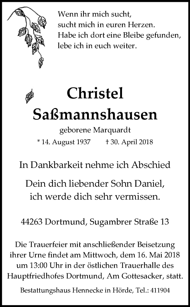  Traueranzeige für Christel Saßmannshausen vom 12.05.2018 aus Ruhr Nachrichten
