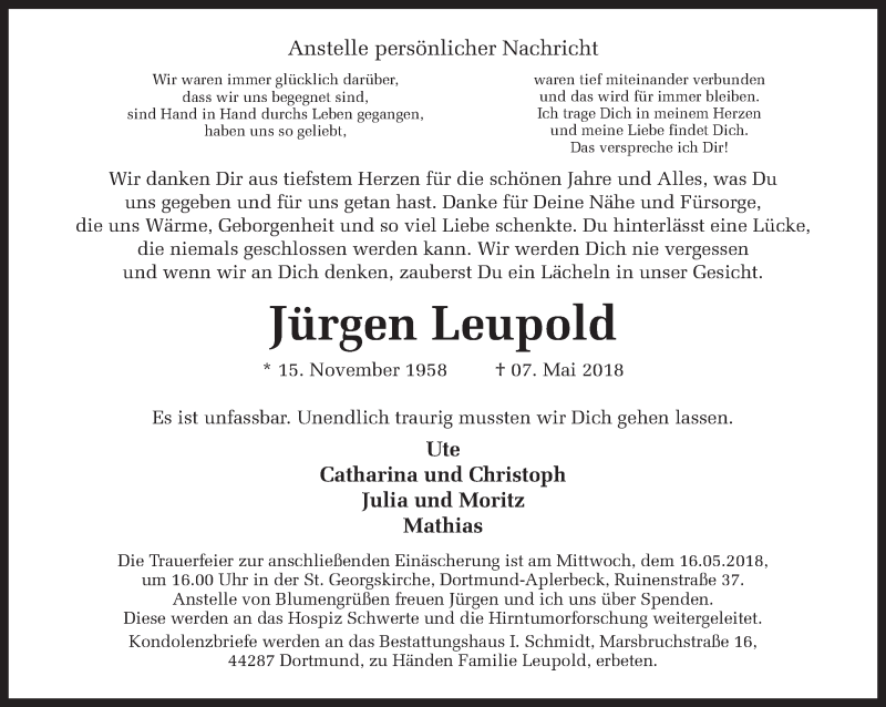  Traueranzeige für Jürgen Leupold vom 10.05.2018 aus Ruhr Nachrichten