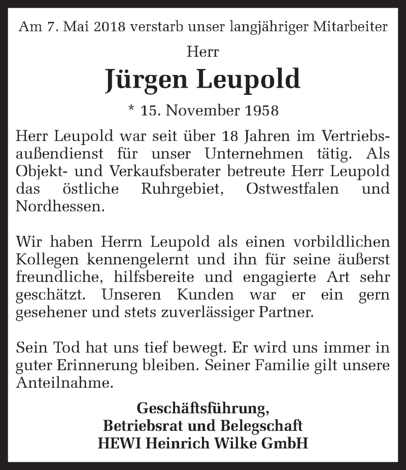  Traueranzeige für Jürgen Leupold vom 12.05.2018 aus Ruhr Nachrichten