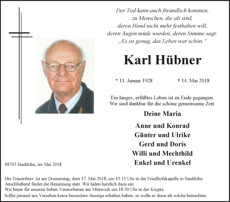  Traueranzeige für Karl Hübner vom 15.05.2018 aus Münstersche Zeitung und Münsterland Zeitung