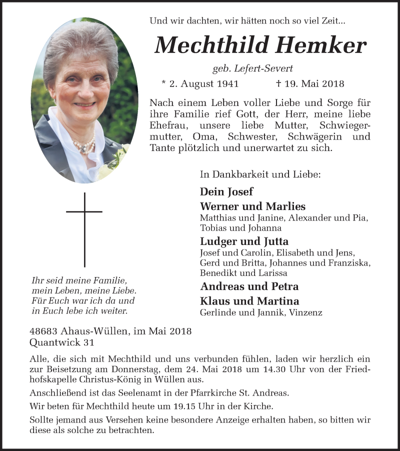  Traueranzeige für Mechthild Hemker vom 23.05.2018 aus Münstersche Zeitung und Münsterland Zeitung