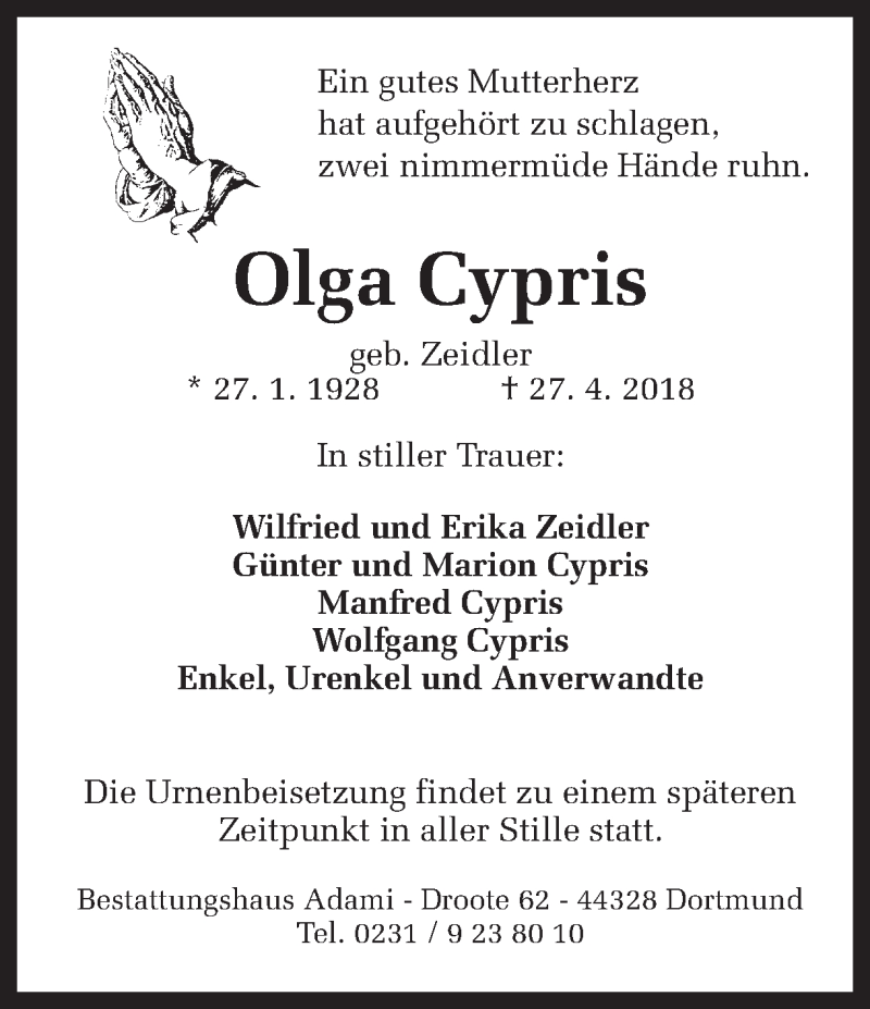 Traueranzeigen Von Olga Cypris Sich Erinnern De