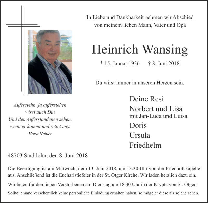  Traueranzeige für Heinrich Wansing vom 09.06.2018 aus Münstersche Zeitung und Münsterland Zeitung