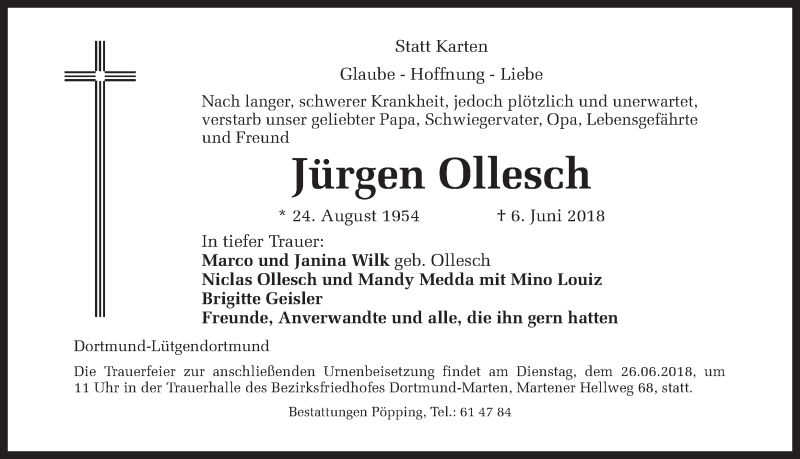  Traueranzeige für Jürgen Ollesch vom 23.06.2018 aus Ruhr Nachrichten