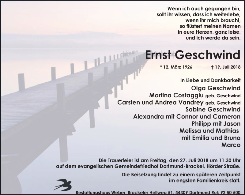  Traueranzeige für Ernst Geschwind vom 24.07.2018 aus Ruhr Nachrichten