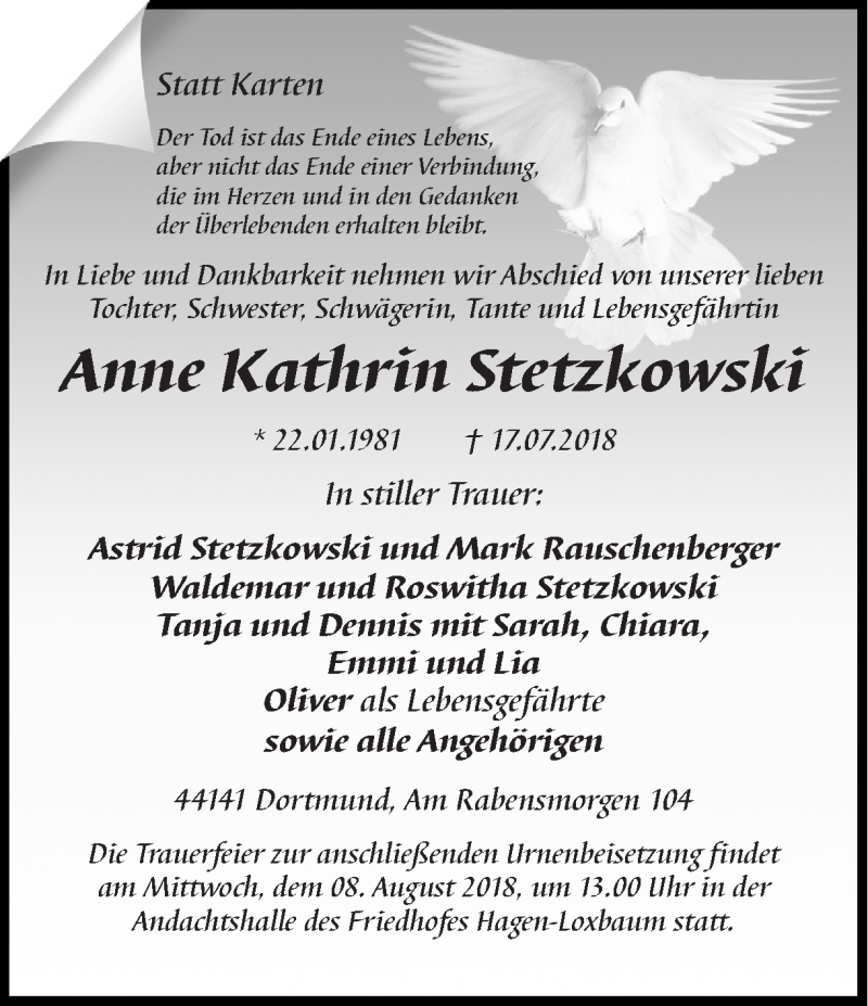  Traueranzeige für Anne Kathrin Stetzkowski vom 04.08.2018 aus Ruhr Nachrichten