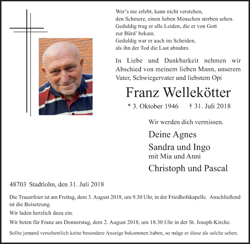  Traueranzeige für Franz Wellekötter vom 01.08.2018 aus Münstersche Zeitung und Münsterland Zeitung