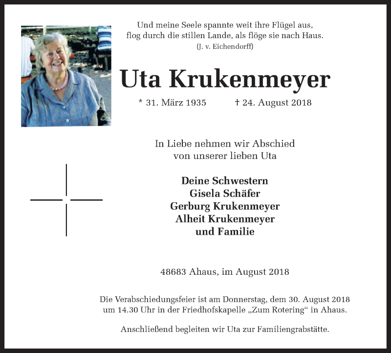  Traueranzeige für Uta Krukenmeyer vom 28.08.2018 aus Münstersche Zeitung und Münsterland Zeitung