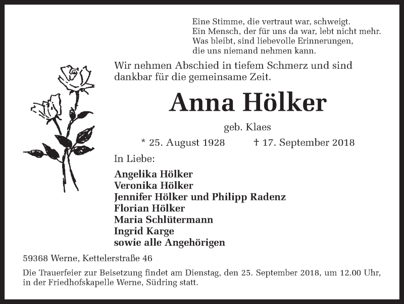  Traueranzeige für Anna Hölker vom 20.09.2018 aus Ruhr Nachrichten
