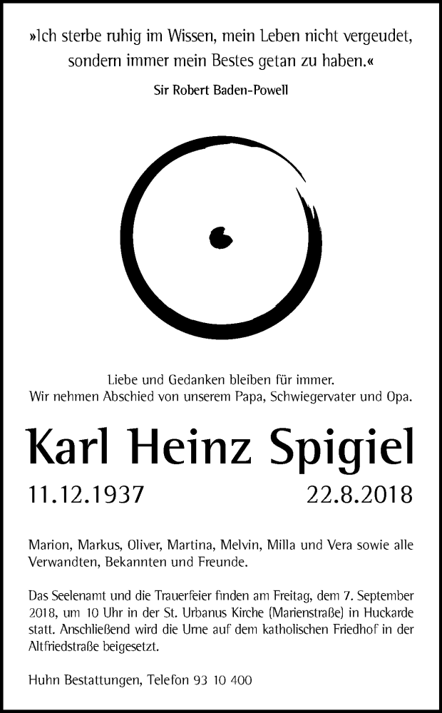  Traueranzeige für Karl Heinz Spigiel vom 01.09.2018 aus Ruhr Nachrichten