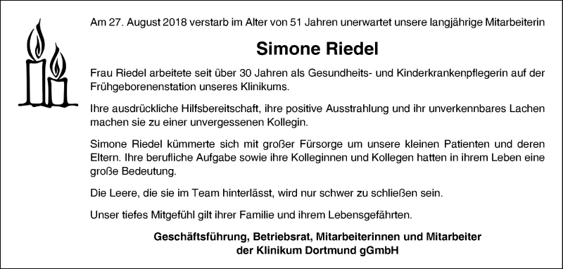  Traueranzeige für Simone Riedel vom 08.09.2018 aus Ruhr Nachrichten