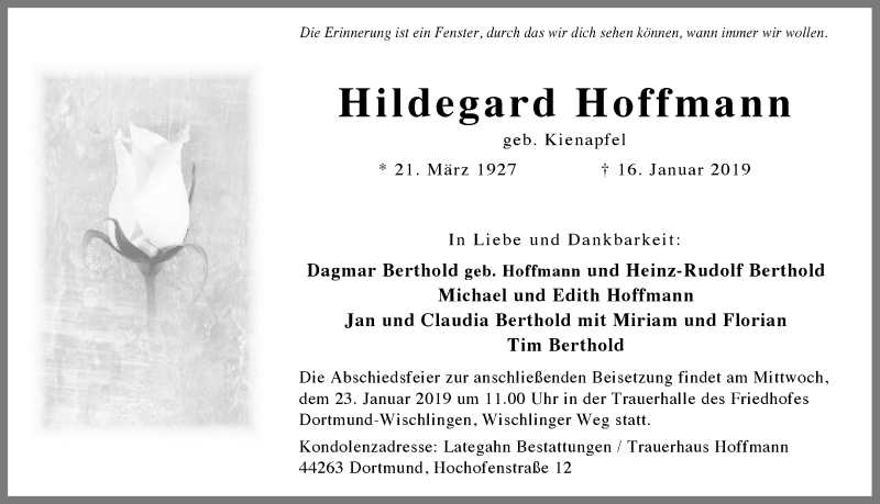  Traueranzeige für Hildegard Hoffmann vom 19.01.2019 aus Ruhr Nachrichten