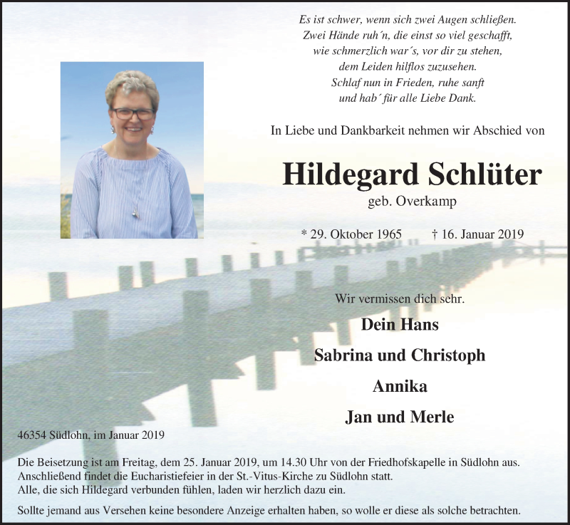  Traueranzeige für Hildegard Schlüter vom 22.01.2019 aus Münstersche Zeitung und Münsterland Zeitung