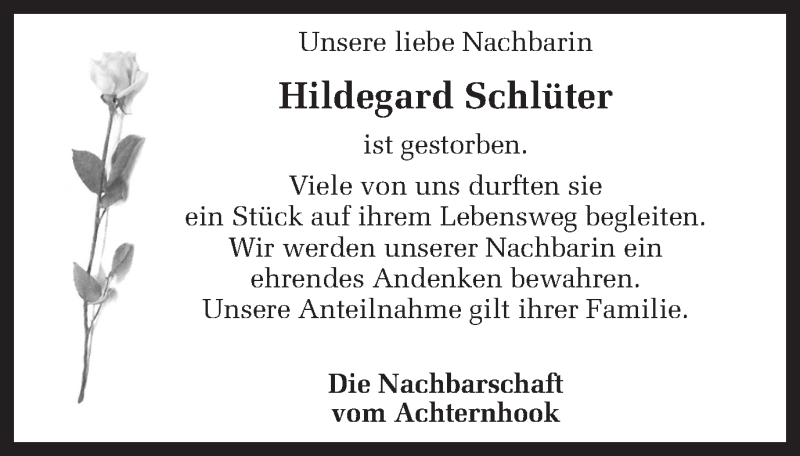  Traueranzeige für Hildegard Schlüter vom 23.01.2019 aus Münstersche Zeitung und Münsterland Zeitung