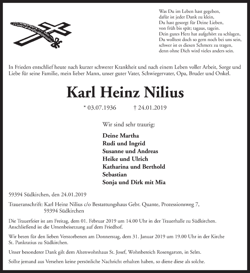  Traueranzeige für Karl Heinz Nilius vom 26.01.2019 aus Ruhr Nachrichten