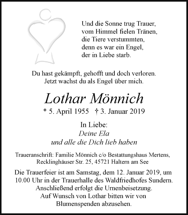  Traueranzeige für Lothar Mönnich vom 10.01.2019 aus Ruhr Nachrichten und Halterner Zeitung