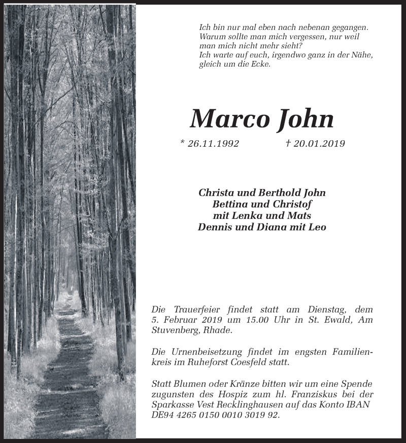  Traueranzeige für Marco John vom 26.01.2019 aus Ruhr Nachrichten und Dorstener Zeitung