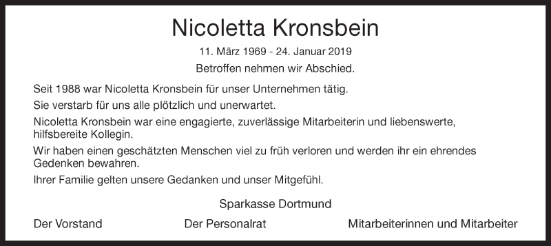  Traueranzeige für Nicoletta Kronsbein vom 29.01.2019 aus Ruhr Nachrichten