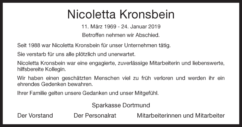  Traueranzeige für Nicoletta Kronsbein vom 29.01.2019 aus 