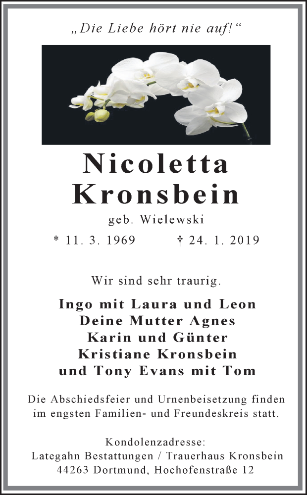  Traueranzeige für Nicoletta Kronsbein vom 29.01.2019 aus Ruhr Nachrichten