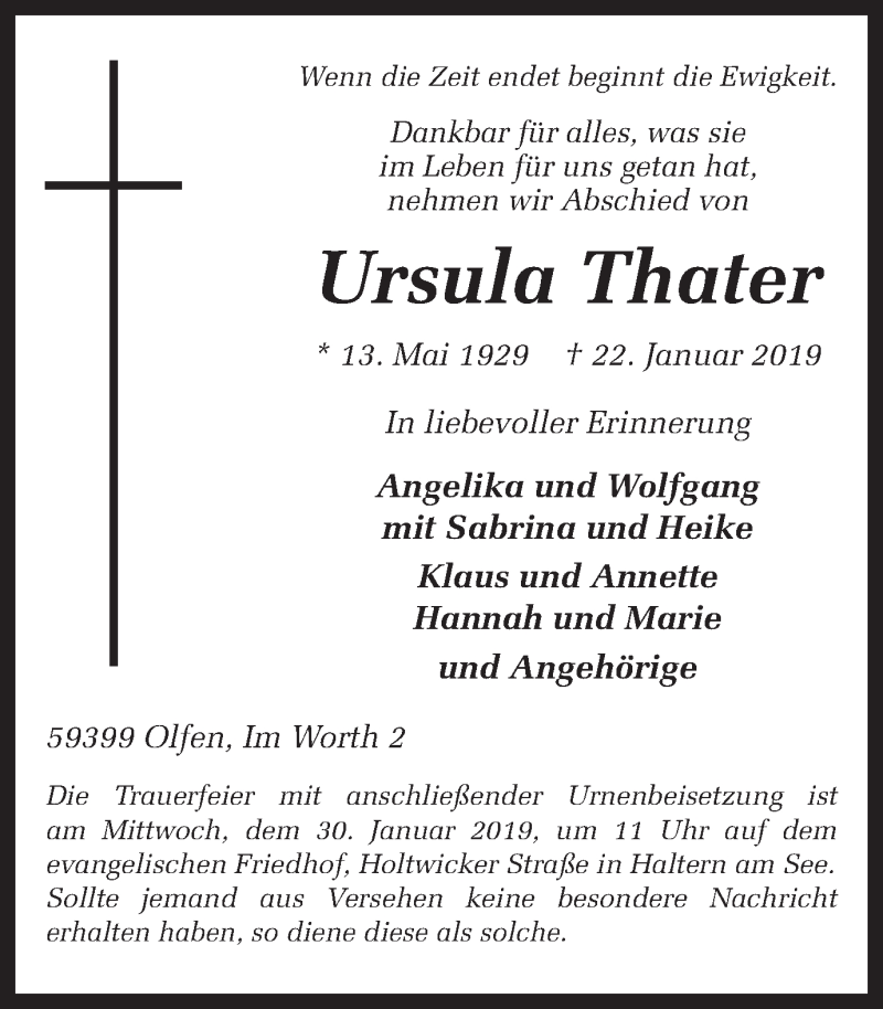  Traueranzeige für Ursula Thater vom 26.01.2019 aus Ruhr Nachrichten