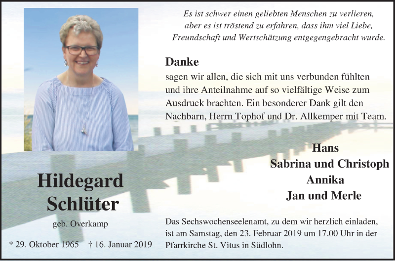  Traueranzeige für Hildegard Schlüter vom 20.02.2019 aus Münstersche Zeitung und Münsterland Zeitung