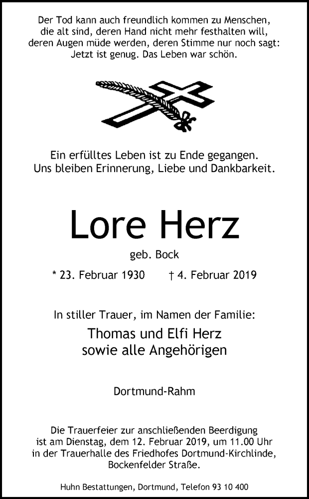  Traueranzeige für Lore Herz vom 09.02.2019 aus Ruhr Nachrichten