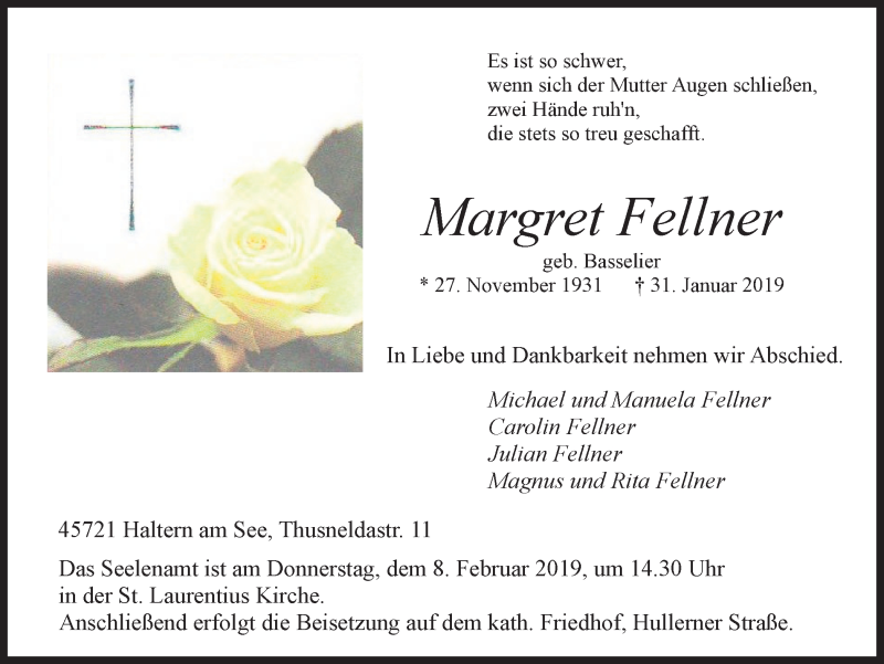  Traueranzeige für Margret Fellner vom 02.02.2019 aus Ruhr Nachrichten und Halterner Zeitung