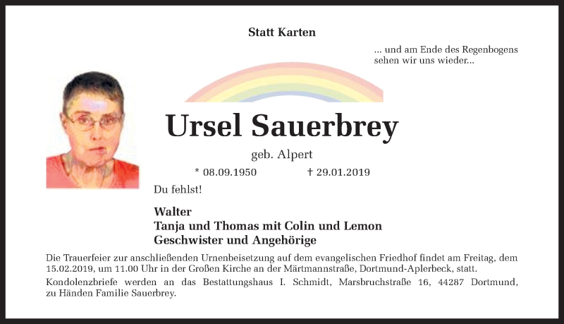  Traueranzeige für Ursel Sauerbrey vom 09.02.2019 aus Ruhr Nachrichten