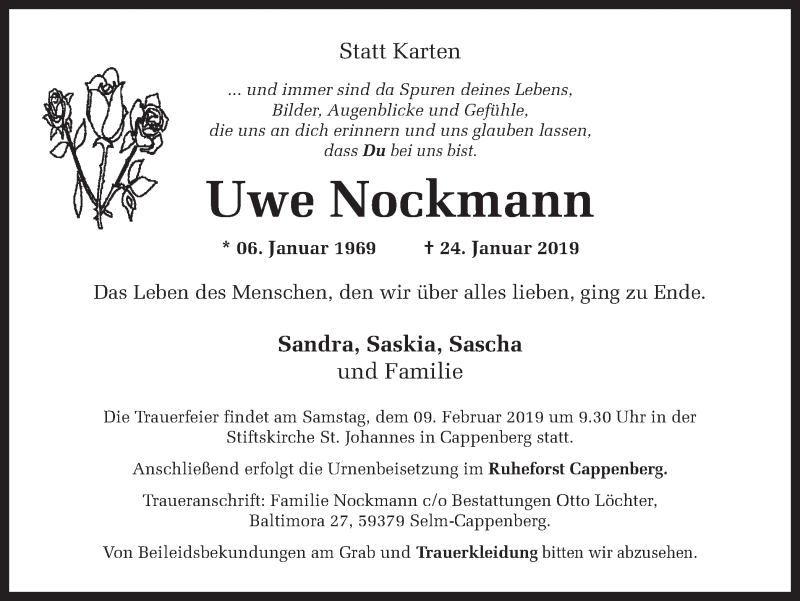  Traueranzeige für Uwe Nockmann vom 02.02.2019 aus Ruhr Nachrichten