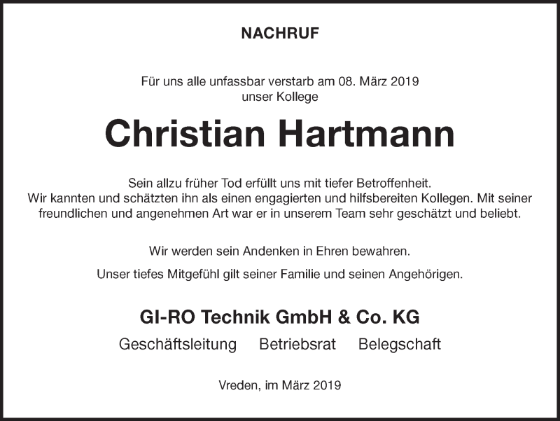  Traueranzeige für Christian Hartmann vom 16.03.2019 aus Münstersche Zeitung und Münsterland Zeitung