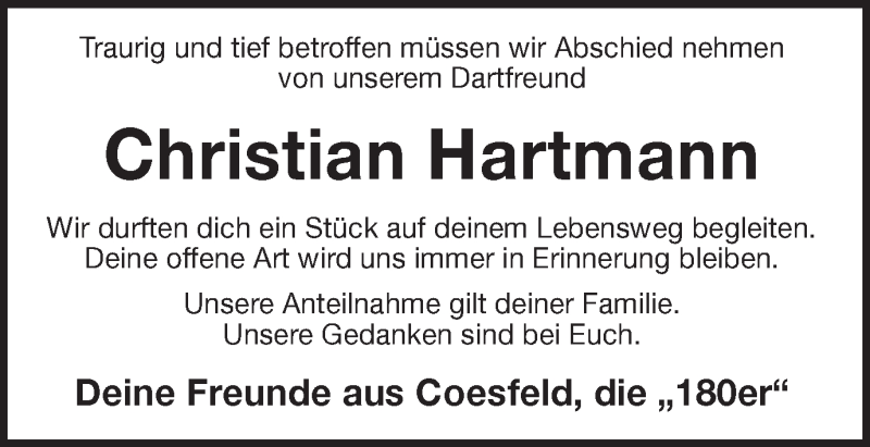  Traueranzeige für Christian Hartmann vom 15.03.2019 aus Münstersche Zeitung und Münsterland Zeitung