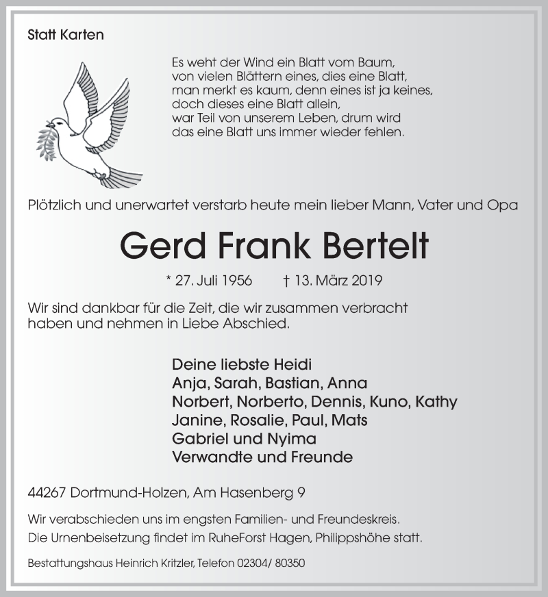  Traueranzeige für Gerd Frank Bertelt vom 16.03.2019 aus Ruhr Nachrichten