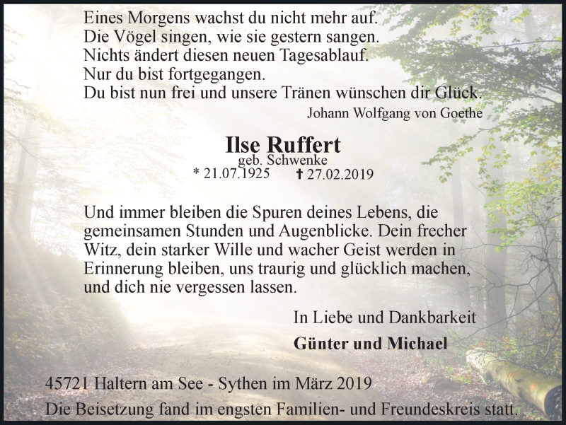  Traueranzeige für Ilse Ruffert vom 11.03.2019 aus Ruhr Nachrichten und Halterner Zeitung