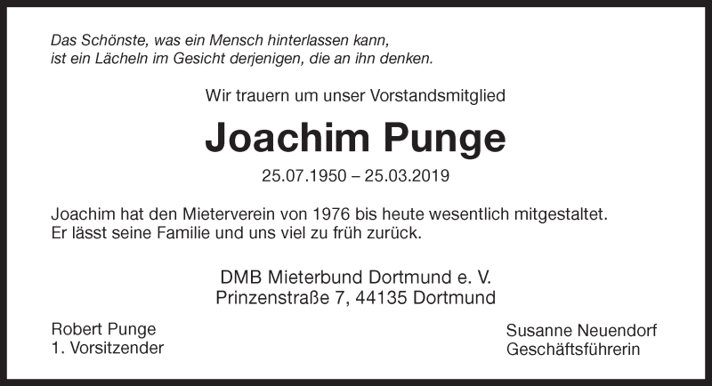  Traueranzeige für Joachim Punge vom 30.03.2019 aus Ruhr Nachrichten
