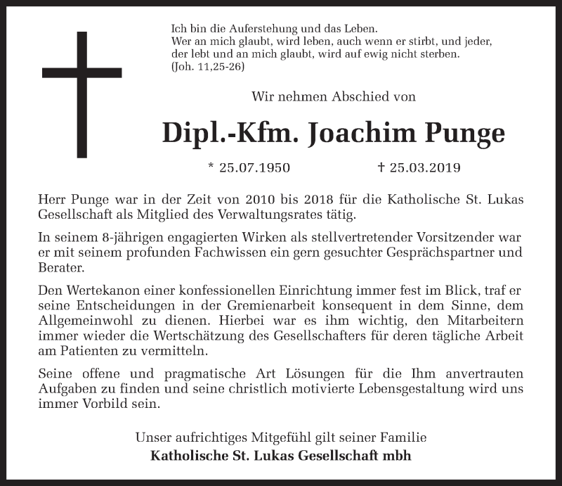  Traueranzeige für Joachim Punge vom 30.03.2019 aus 