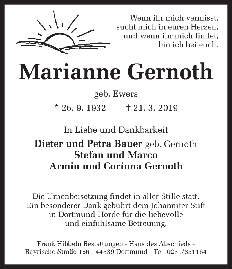  Traueranzeige für Marianne Gernoth vom 23.03.2019 aus Ruhr Nachrichten
